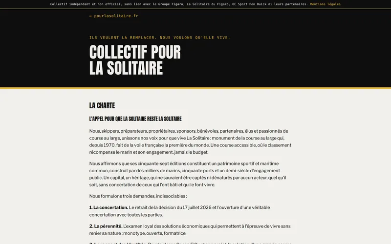 La charte du collectif sur pourlasolitaire.fr